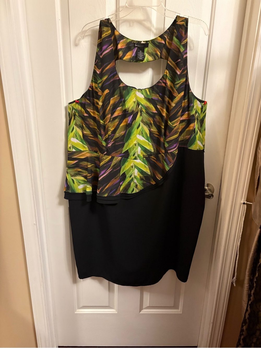 Lane Bryant Black Dress with Green & Purple Leaf Print Peplum